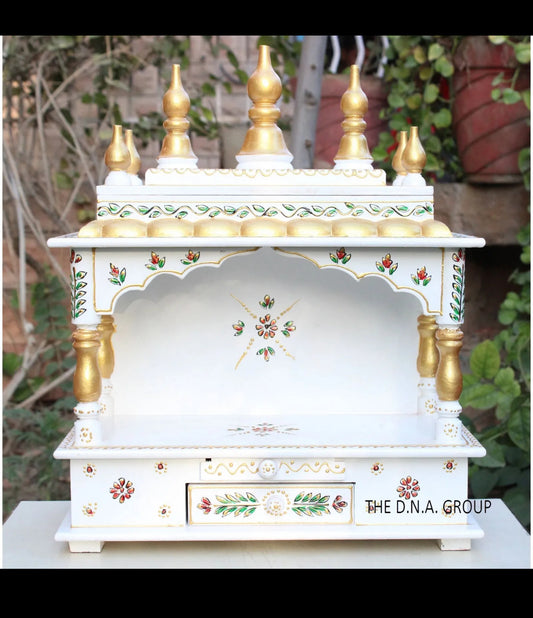 White hand painted Wooden Temple Handcrafted Hindu Mandir Pooja Ghar for homes